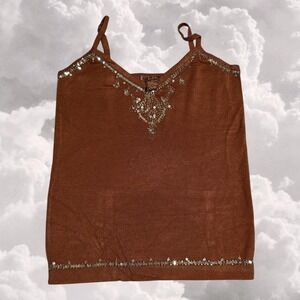 Y2K silk brown boho silver sequin tank top size M